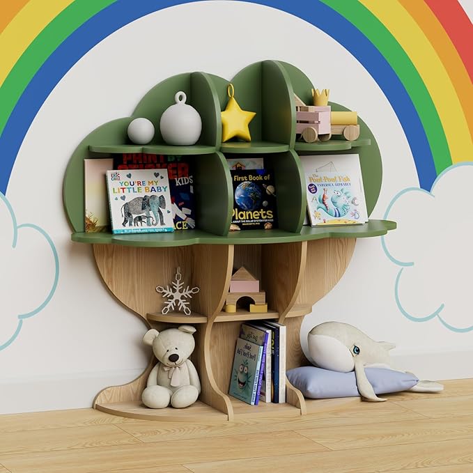 Green Tree Kids Bookshelf Toddler Bookcase 4-Tier Baby Book Rack Children Toy Storage Organizer Forest Wood Display Shelf for Nursery Playroom Bedroom Classroom School Homeschooling Boy Girl’s Gift