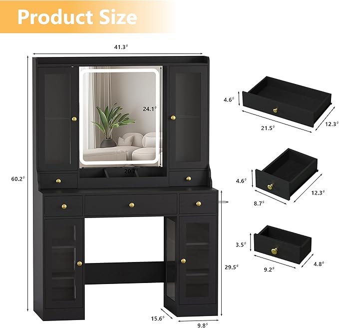 Makeup Vanity Desk with Mirror and Lights, 41" Black Vanity Set with 5 Drawers & 4 Glass Cabinets, Power Outlet & Adjustable LED Lights, Dressing Table for Women & Girls Bedroom