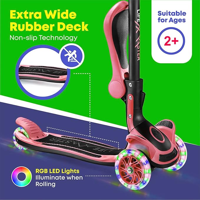 Kids Scooter – Foldable Seat – LED Wheel Lights Illuminate When Rolling – Children and Toddler 3 Wheel Kick Scooter – Adjustable Handlebar – Indoor and Outdoor- by Lifemaster