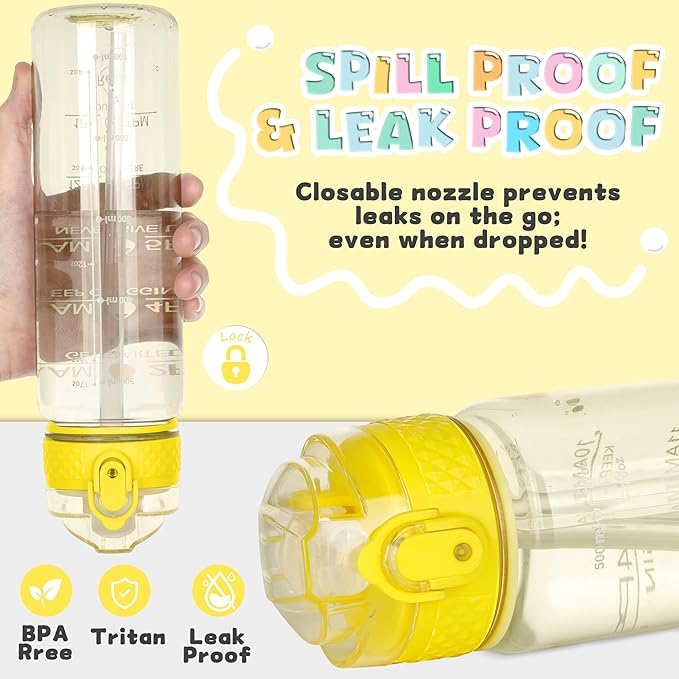 OLDLEY 17oz Kids Water Bottle for school Girls Boys, Motivational Water Bottles With Silicone Straw, Leak-Proof Tritan BPA-Free, Reusable water bottles for kids,Butter