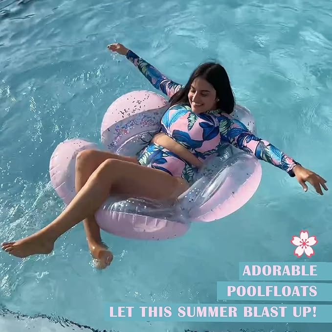 HeySplash Pool Floats for Adults, Large Floats Inflatable Floatie Loungers with Glitter, Swim Tube River Lake Wedding Bride Engagement Party Decor Toy Raft, Flower Bachelorette Fun Decor, Light Pink