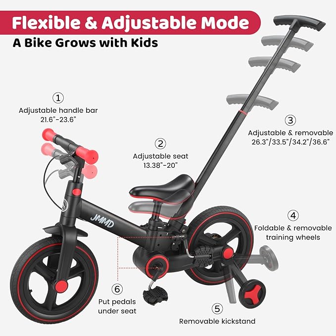 JMMD Toddler Bike with Push Handle for Kids 18-60 Months, 6 in 1 Foldable Push Bike with Training Wheels, Pedals, Brakes, Kickstand, Kid Balance Bike Gift & Toys for Boy & Girl
