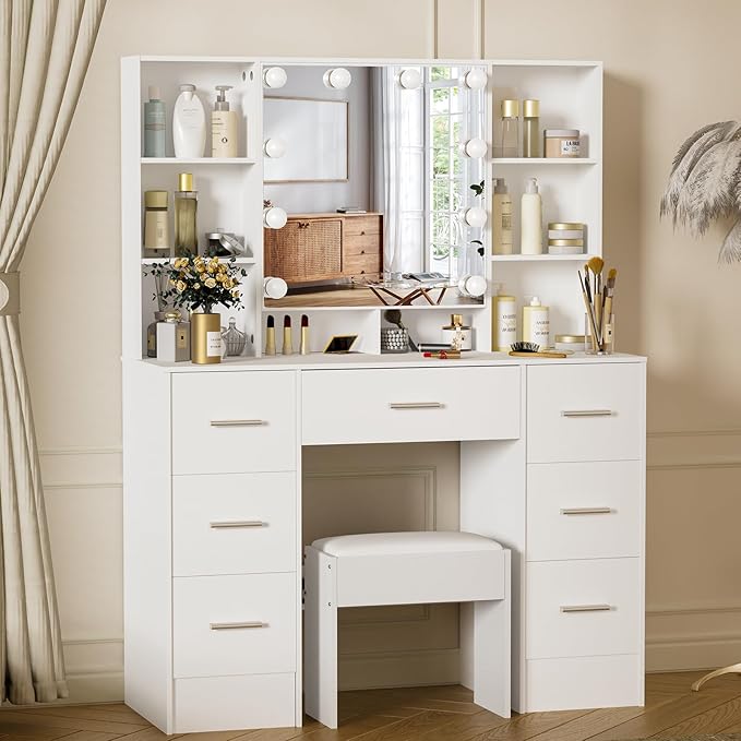 39.4'' W Vanity Desk with Storage Mirror and Lights, Makeup Vanity Set with Lighted Mirror, Drawers and Stool, Adjustable Brightness, White Vanity Dressing Table for Bedroom, Girls and Women Gifts