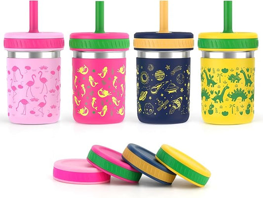 Sursip Stainless Steel Kids & Toddler Cups with Straws and Lids|15 oz Mason jars for Snacks & Smoothie|Spill-Proof Sippy Drinking Water Cups, BPA-Free, Dishwasher Safe