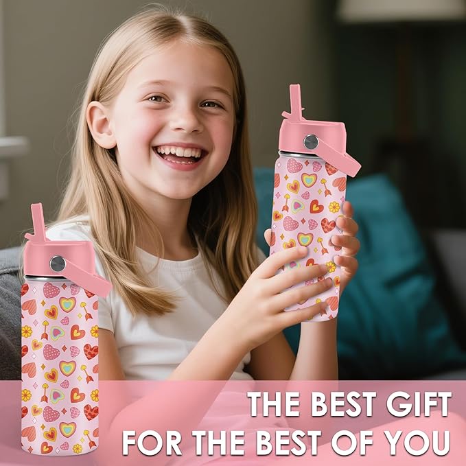Heart Gifts for Kids - 16 Oz Kids Water Bottle with Straw Lid, Stainless Steel Insulated Tumbler, Leak Proof, BPA-Free, for Girls, School, Travel - Heart Pattern Children Birthday Gifts Cups(1pc)