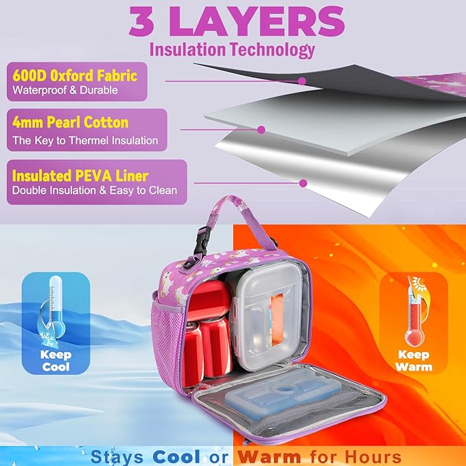 Kids Lunch Box Kids Lunch Bag for Girls Boys, Insulated Lunch Bag for Men with Shoulder Strap, Small Lunchbox for Girls School Travel Picnic (Purple, Unicorn)