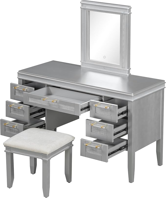 LUMISOL Makeup Vanity Desk with Mirror and Lights, 3 Lighting Modes, 48" Vanity Table with 7 Bamboo Weave Drawers, Dressing Table Set with Cushioned Stool, Grayish Blue