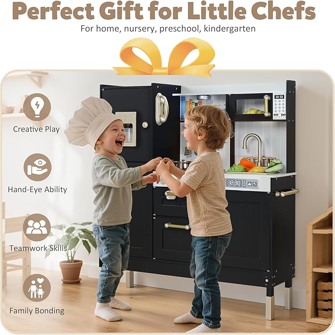 Play Kitchen for Kids, Wooden Kids Kitchen Playset with Realistic Sounds, Children Pretend Toy Kitchen Playset w/Stove, Oven & Ice Maker, Little Chef Play Kitchen for Girls and Boys, Black