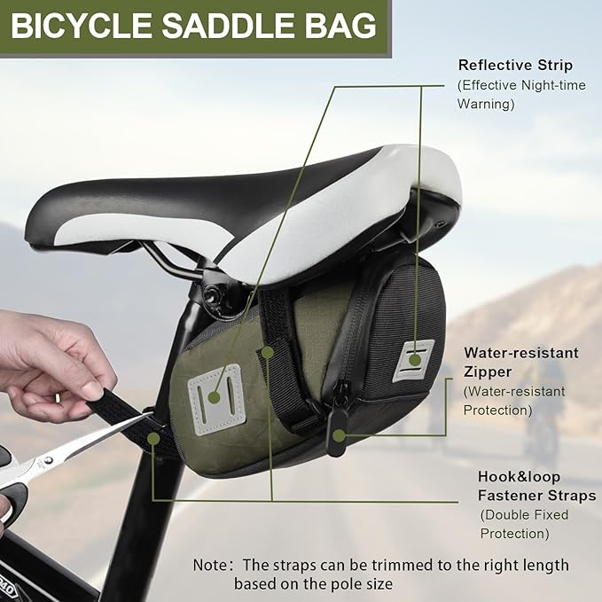 Desing Wish Compact Bike Saddle Bag Water-resistant Bicycle Saddle Bag Reflective Cycling Under Seat Pouch Seat Pack for Mountain/Road Bikes (Green)