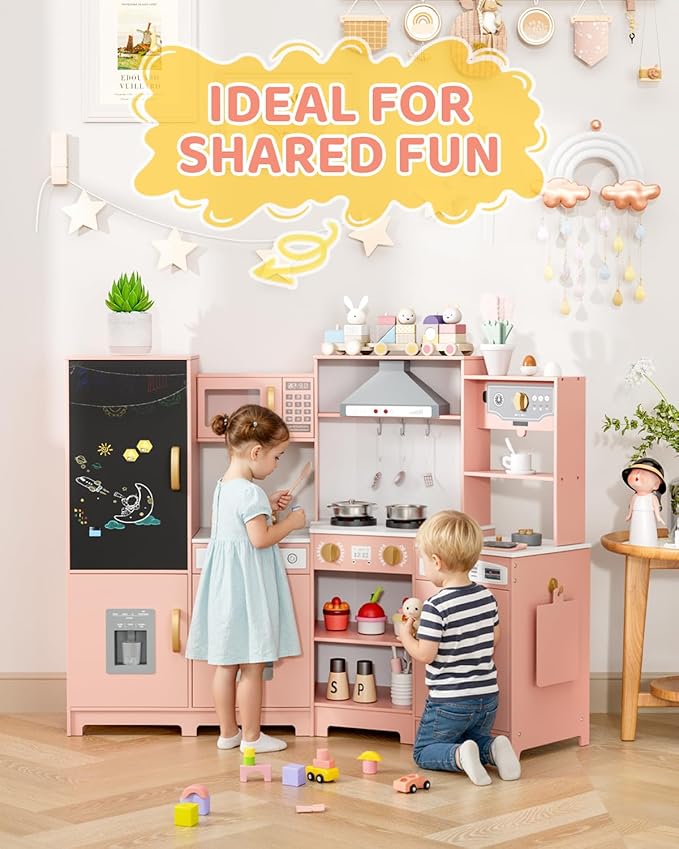 MAMIZO Wooden Corner Play Kitchen, Large Ultimate Interactive Toddler Pretend Kids Kitchen Playset with Blackboard, Stove & Range Hood w/Light & Sound, Ice Maker, Washing Machine, 6 Toy Set (Pink)