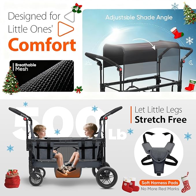 Sekey Wagon Stroller for 2 Kids, Luxury 4-in-1 Stroller Wagon - Premium Quality with Convertible Seats, Adjustable Push Handles, Removable Canopy, Snack Tray & Cooler, US Certified