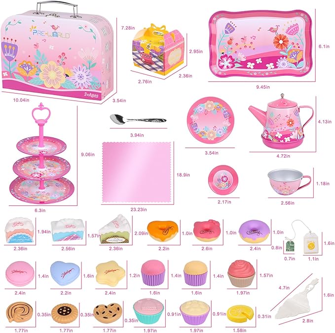 Tea Party Set for Toddles 3-5,PRE-WORLD Musical Kids Tea Set for Little Girls with Dessert,Cookies,Doughnut,Cake,Cake Stand,Tablecloth & Carrying Case,Kitchen Pretend Play Toys for Girls Boys Age 3-6