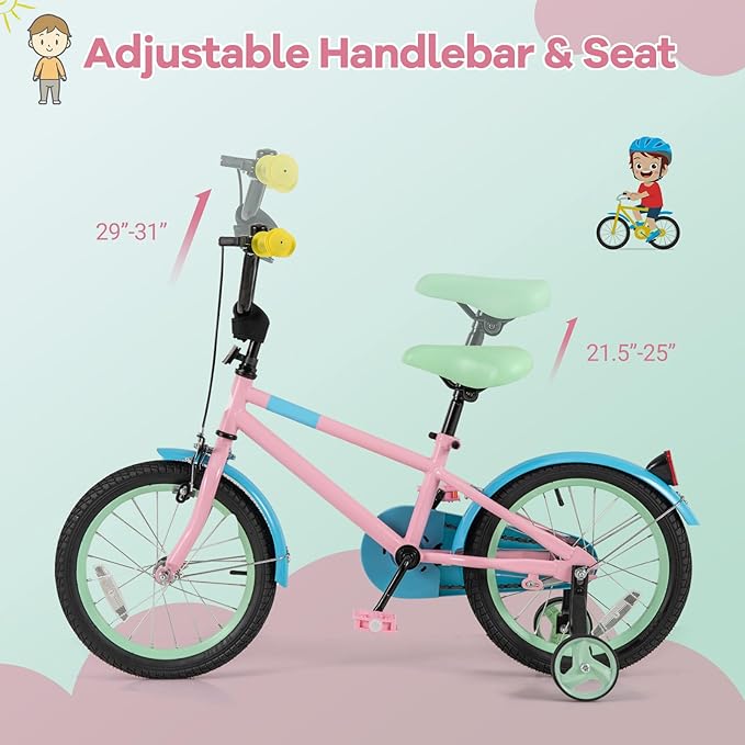 BABY JOY Colorful Macarons Kids Bike, 12 14 16 18 Inch Sporty Children's Bicycle with Training Wheels, Adjustable Handlebar & Saddle, Handbrake & Coaster Brake, Boys Girls Bike for 3-8 Years Old