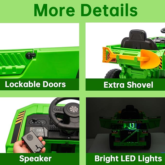 12V Ride On Construction Truck, Battery Powered Ride On Car with Remote Control, Kids Electric Vehicle with Shovel, Speaker, Green