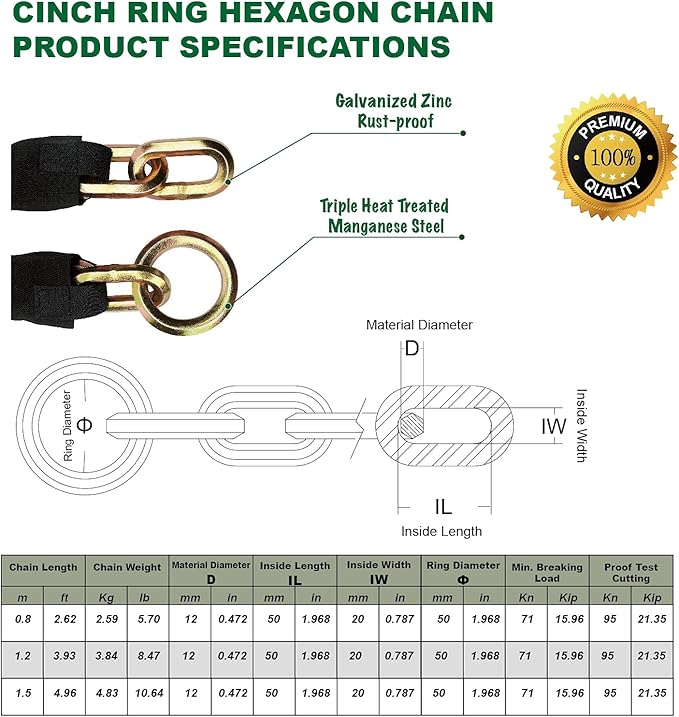 OKG Maximum Security Heavy Duty Cinch Chain, 10 lbs, 5 ft x 1/2 in (12mm) Cut Proof Chain with Hardened Steel for Motorcycles, Trailers, Generators