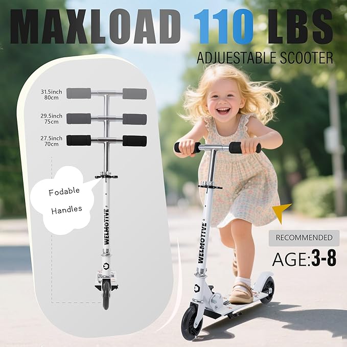 Kick Scooter for 3+Years Old Boys & Girls Lightweight, Foldable, Aluminum Frame, and Adjustable Handlebars, Rear Brake, and Flashing Light up Wheels