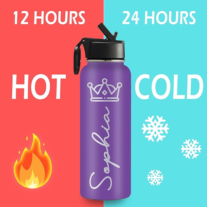 Personalized Water Bottles for Kids, 18 oz Custom Name Insulated Water Bottle With Straw, Stainless Steel Reusable Waterbottle Gifts for School Girls Boys Men Women - Icon Design