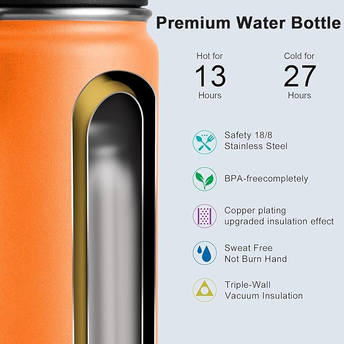 koodee Kids Water Bottle-16 oz Stainless Steel Vacuum Insulated Water Bottle for Back to School Wide Mouth Flask with Leakproof Spout Lid (Cosmic Orange)