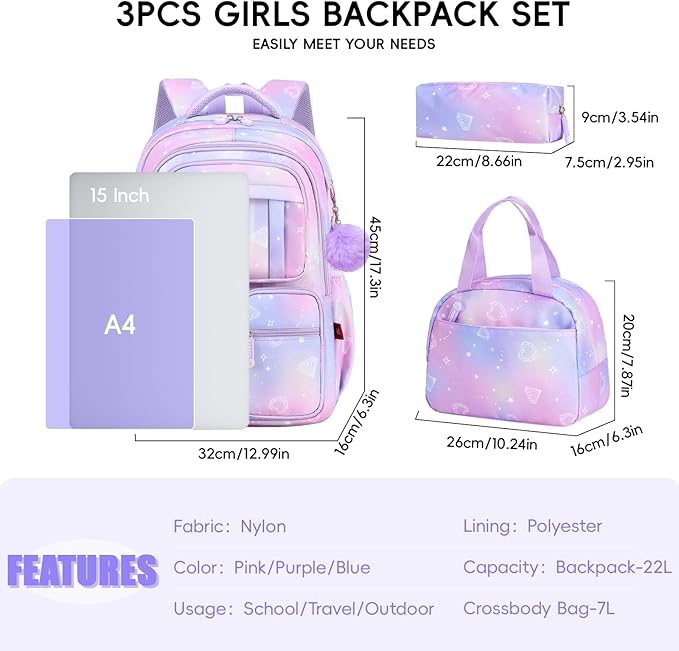 Tanou Backpack with Lunch Box for Girls, Kawaii Set School Bag for Kid Elementary Middle School, Aesthetic Laptop Bookbag Lightweight, Purple