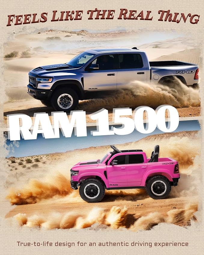 First Ride On Licensed Ram 1500 12V Ride on Toys, Kids Ride on Car with Remote Control, Electric Vehicle for Toddler with Smooth Start, Pickup Truck Bed Storage, Spring Suspension, Aux Port (Pink)