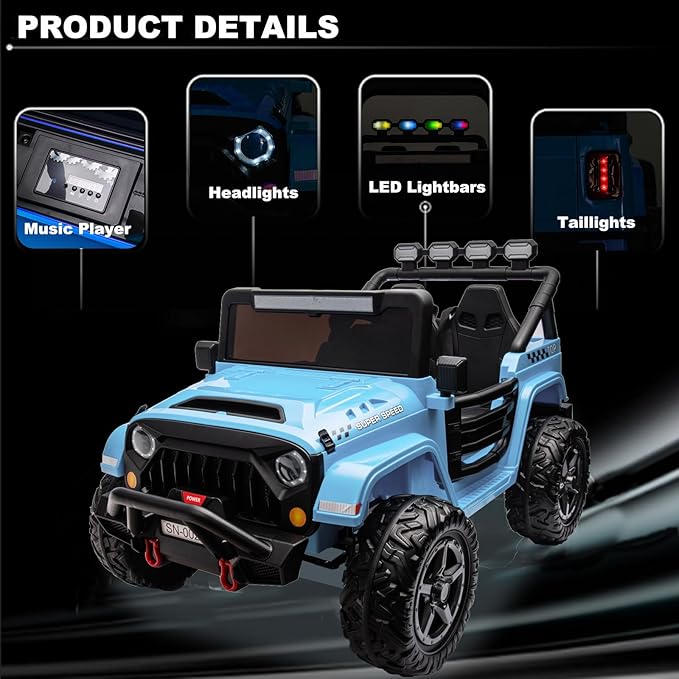 NEWQIDA 24V 2 Seater Ride on Car w/Remote Control 4wd Kids Electric Vehicles Ride on Toys Car, EVA Tires Wheels, 20" Spacious Seat, LED Lights, Music, Spring Suspension, 4x200W Motors, GrayBlue