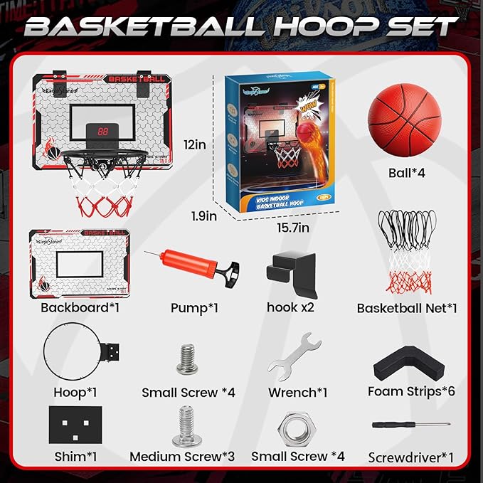 EagleStone Kids Indoor Basketball Hoop, 4 Balls Mini Basketball Toy for Toddlers