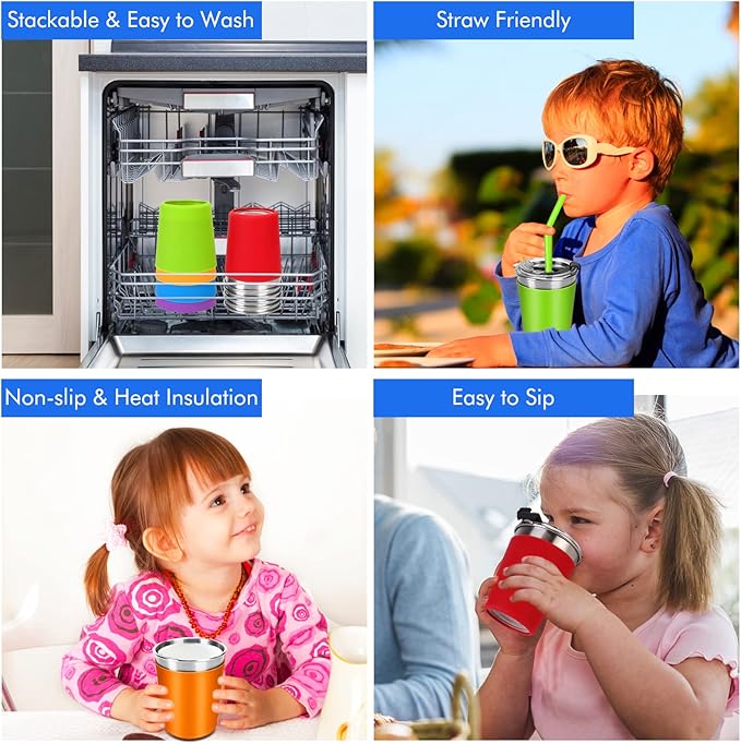 Kids Cups with Straws and Lids Leak Proof, 12oz Sippy Cups for Toddlers 1-3 No Spill, 6 Pack Spill Proof Cup Stainless Steel Kids Cup with Lids for School, Outdoor