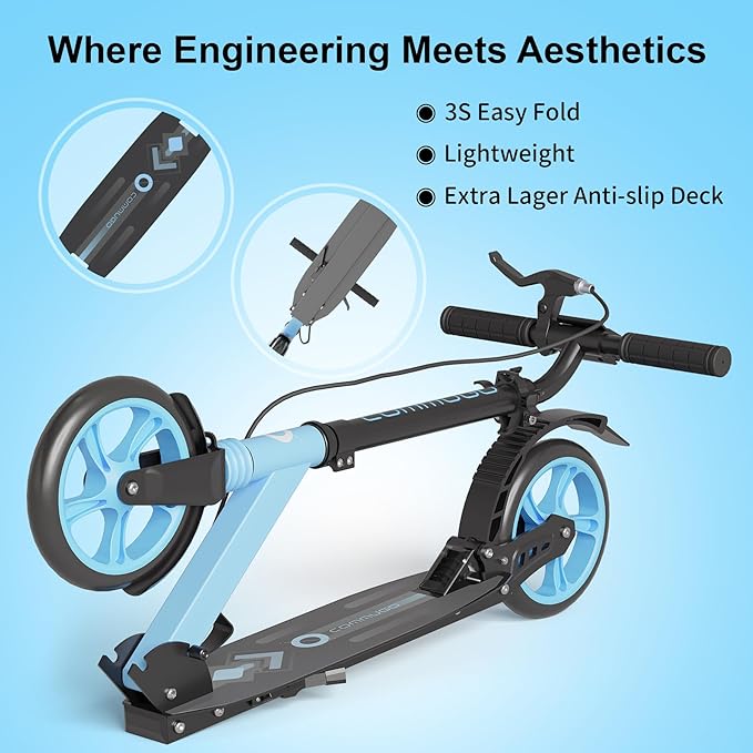 Kick Scooter for Kids Age 8+, Teens, Adults, Dual Suspension Foldable Lightweight Scooter with 8 Inch Big Wheels, Max Load 240 LBS Wide Deck