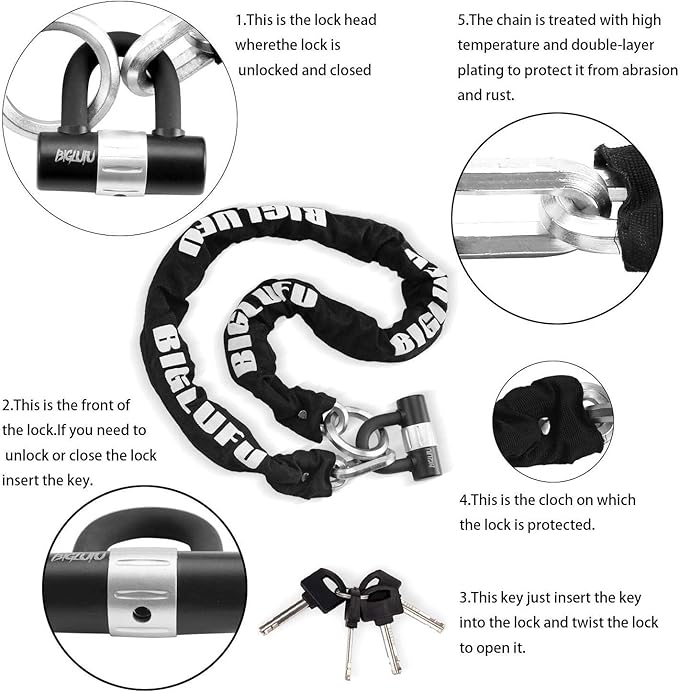 BIGLUFU Motorcycle Chain Locks, Heavy Duty Security Chains, 100cm Long, Cut Proof 12mm Square Chain with 4Keys U Lock for Motorbike, Bike, Generator, Gates, Bicycle, Scooter