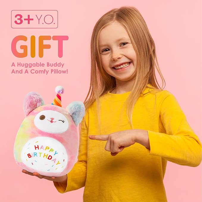 Sioloc10.6 Rainbow Birthday Cat Plush Pillow - Soft Kitten Stuffed Animal Toy, for Kids, Toddlers, Birthday Decor