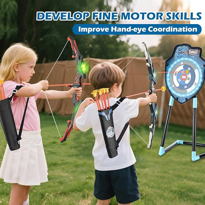 LED Standing Target Archery Set with Bow & Arrows & LED Dart Board for Kids 4-12 Years Old, Outdoor Sports Toy Gift for Boys & Girls
