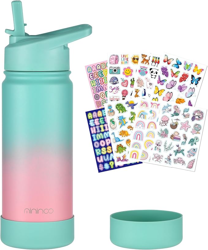 mininoo Kids Water Bottle for School, 16oz Stainless Steel Insulated Water Bottle Kids with Straw Lid for Girls, Boys (Sky/Pink)