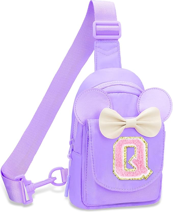 Girls Small Sling Bags for Kids - Girl Birthday Gifts for 3 4 5 6 7 8 9 10 Year Old Fanny Pack Belt Bag Personalized Small Initial Pink Sling Bag for Kid Girls Crossbody Bags Purse Purple Q