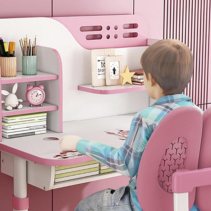 Kids Study Table and Chair Set, Adjustable Art Desk Girls Desk for Bedroom,Study Table with Large Writing Board Bookshelf and Drawer (Pink)
