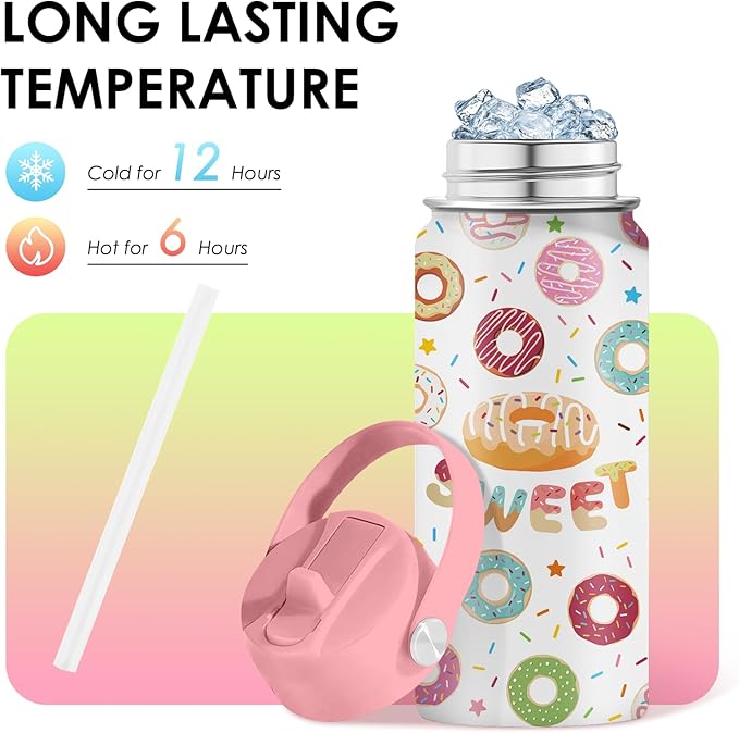 Donut Lover Gifts for Kids - 16oz Insulated Stainless Steel Water Bottle with Straw Lid, Leakproof BPA-Free Tumbler for School, Travel - Cute Donut Design Kids Cup for Boys & Girls (1pc)