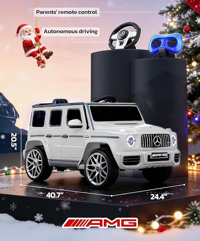 ELEMARA Licensed Mercedes-Benz AMG G63 Ride on Toys,Electric Car for Kids W/Parents Control,Electric Powered A Wagon Ride On Truck Toy,Spring Suspension,Bluetooth,Flickering Lights/LED Lights, White