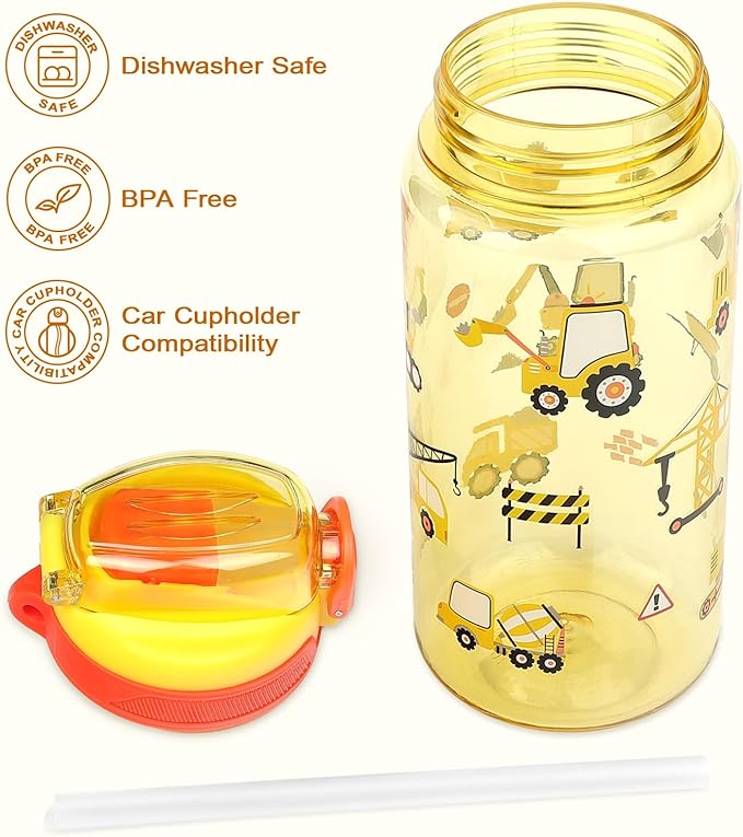 Kids Water Bottle for School or Travel, 20 Oz Durable Plastic Water Bottle with Silicone Straw and Pop-Up Spout Cover, BPA Free & Dishwasher Safe(Excavator)