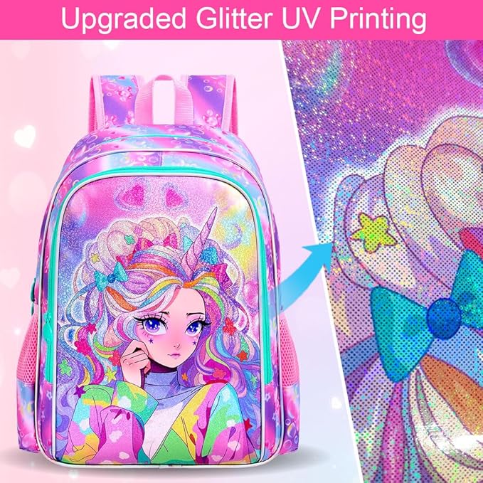 CCJPX 3PCS Backpack for Girls, 16" Unicorn Water Resistant Preschool Bookbag with Lunch Box, Kids Princess School Bags for Elementary Kindergarten Toddler