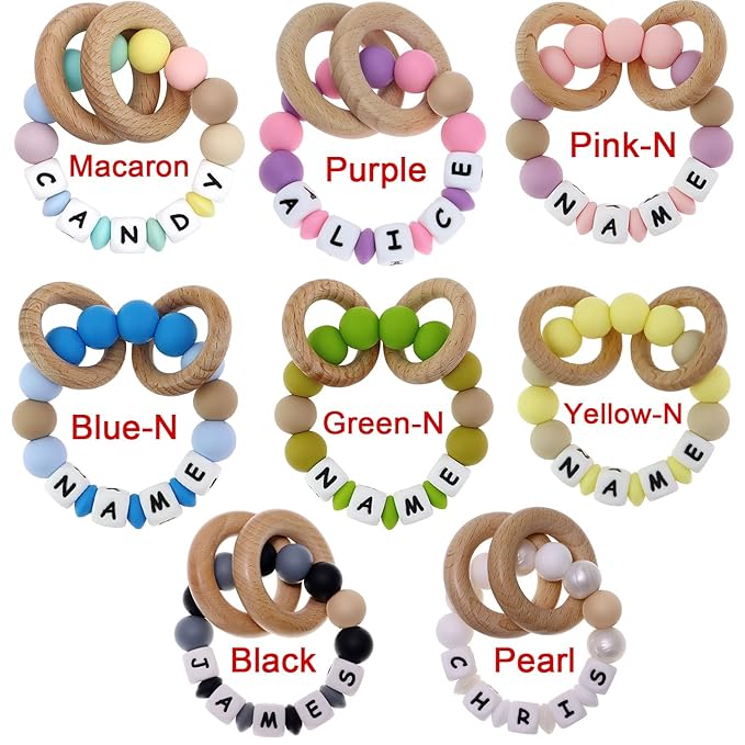 Personalized Baby Wrist Rattle Ring Keepsake with Name,Custom Rattle Teething Wooden Ring for Boys Girls Gift