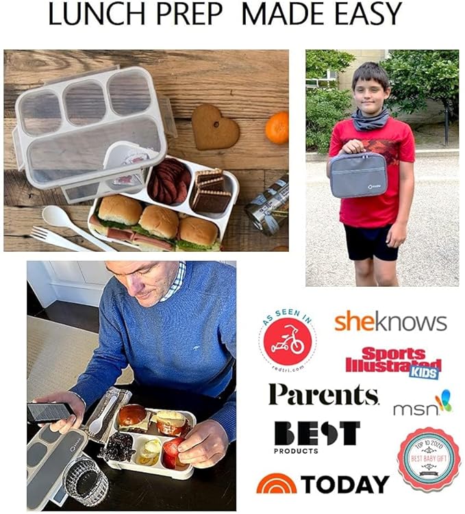 Bento-Box with Lunch Bag and Ice Pack Set. Containers for Kids Adults Boys Girls Snacks and Lunches. 4 Compartments, Divided Portion Container Boxes with Insulated Bags for School, Grey