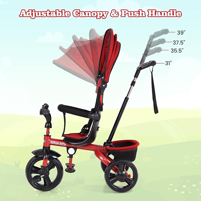 INFANS Kids Tricycle, 6 in 1 Stroll Trike with Adjustable Push Handle, Removable Canopy, Retractable Foot Plate, Lockable Pedal, Detachable Guardrail, Suitable for 10 Months to 5 Years (Red)