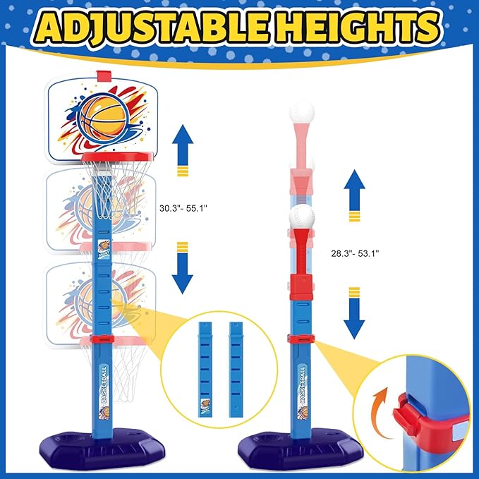 4 in 1 Kids Basketball Hoop Ring Toss T Ball Set - Adjustable Height Basketball Hoop & Baseball Pitching Machine & Batting Tee & Toss Game, Indoor Outdoor Toys Gifts for Toddler Boys Girls Age 3-12