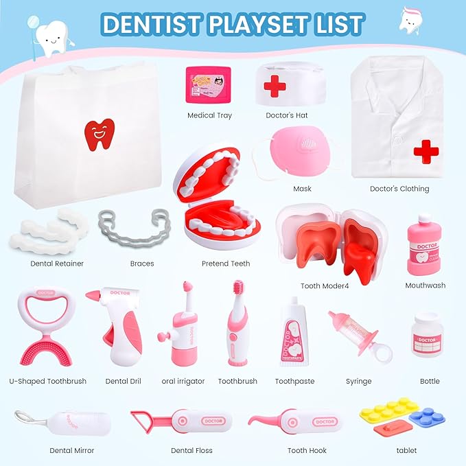 Dentist Play Set for Kids Ages 3-8, 26PCS Realistic Pretend Dental Toy Kit with Teeth Cleaning Tools, Doctor Costume & Learning Guide. STEM Educational Toys, Toddler Medical Kit for Boys & Girls Gifts