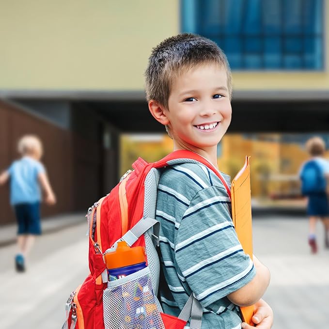 SANDJEST Kids Water Bottle with Straw Lid, Pack of 2 Insulated 12 Oz Stainless Steel Water Bottles for Boys, Travel Cup for School Sports, Construction - Transportation