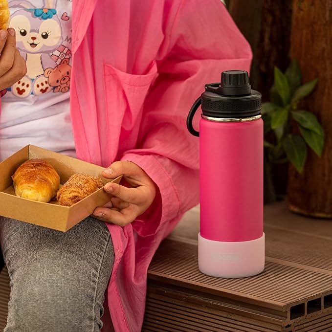 koodee 16 oz Water Bottle-Stainless Steel Double Wall Vacuum Insulated Wide Mouth Water Bottle with Leakproof Spout Lid (Pink)