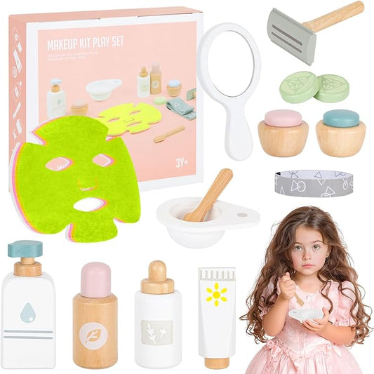 Wooden Makeup Toy Set,Pretend Beauty Play Toys,Skin Care Learning Preschool Toys for Toddler, Salon Toys Beauty Fake Makeup Kit with Facial Mask for Girls 3 4 5 6 7+ Year Old Girls.
