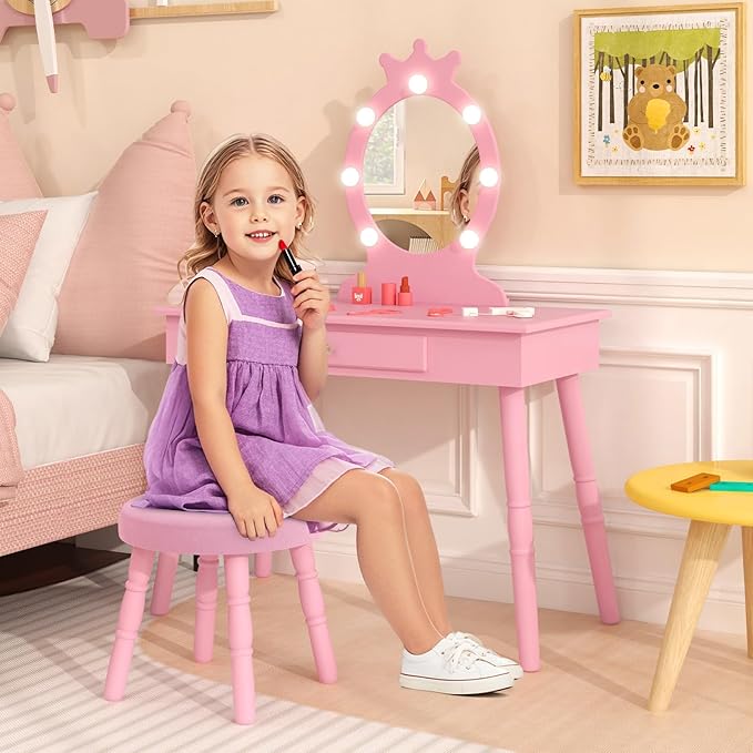 HONEY JOY Kids Vanity with Lights, Princess Wooden Makeup Table & Stool with Drawer, 3-Color LED Lights, Toddler Dressing Vanity for Little Girls, Pretend Play Kids Vanity Table and Chair Set (Pink)
