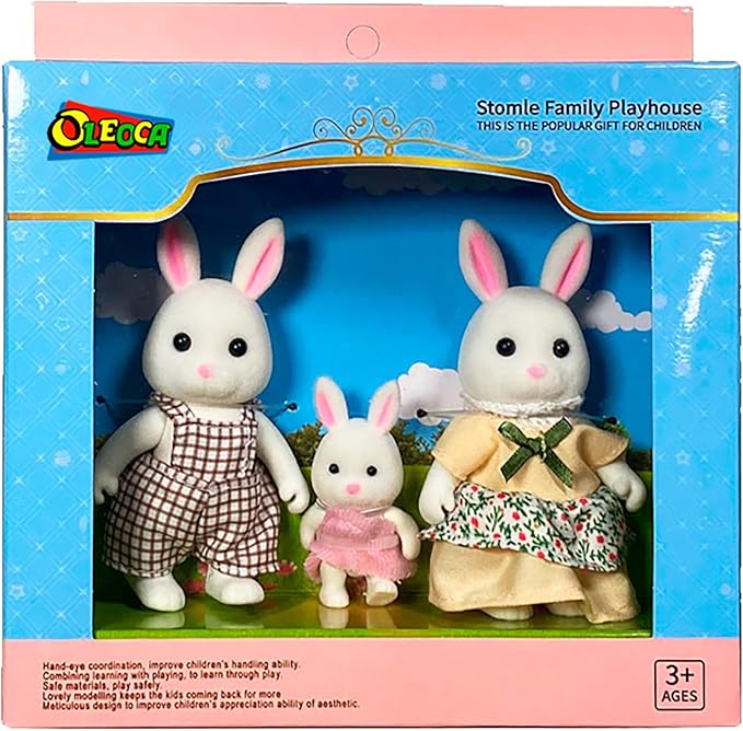 Family White Rabbit Figures — Set of 3 Collectible Flocked Mini Dolls with Removable Clothes, Miniature Dollhouse Pretend Play Figures for Kids Ages 3+