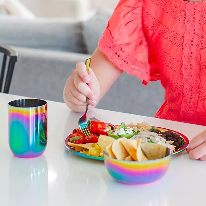 Ahimsa Stainless Steel Kids Dishes, Pediatrician Designed Complete 5 Piece Kids Plates and Bowls Set, Non Toxic & Unbreakable Stainless Steel Plate, Cup and Kid Utensils, Rainbow