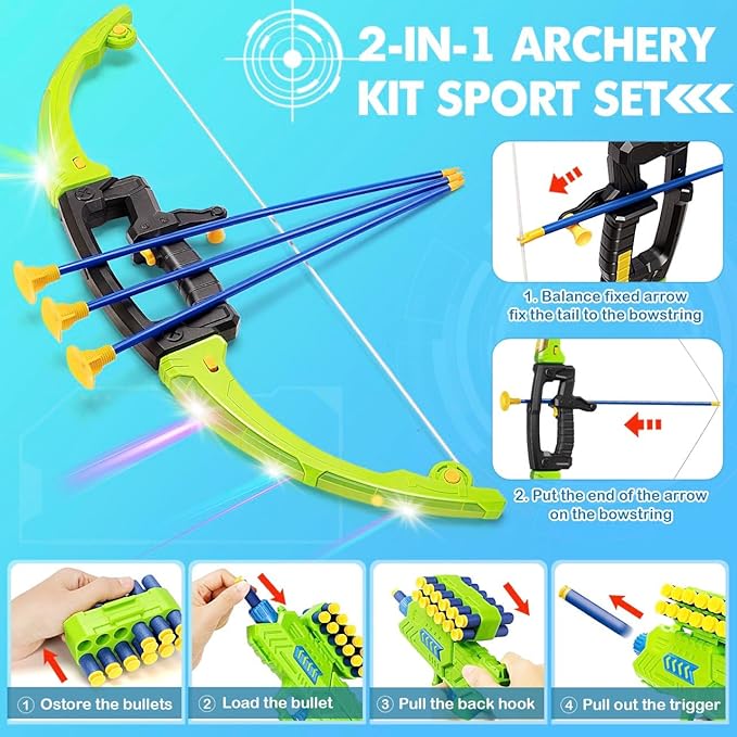 2 Pack Bow and Arrow Toy for 5 6 7 8 9 10+ Year Old Boys,Iddeal Gift for Kids,Indoor Outdoor Shooting Game Toy for Ages 4-8 8-12, LED Light Up Archery Set with 12 Suction Cup Arrows